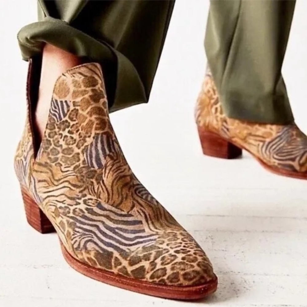 Free People Tan Multi Animal-Print Suede Ankle Booties
